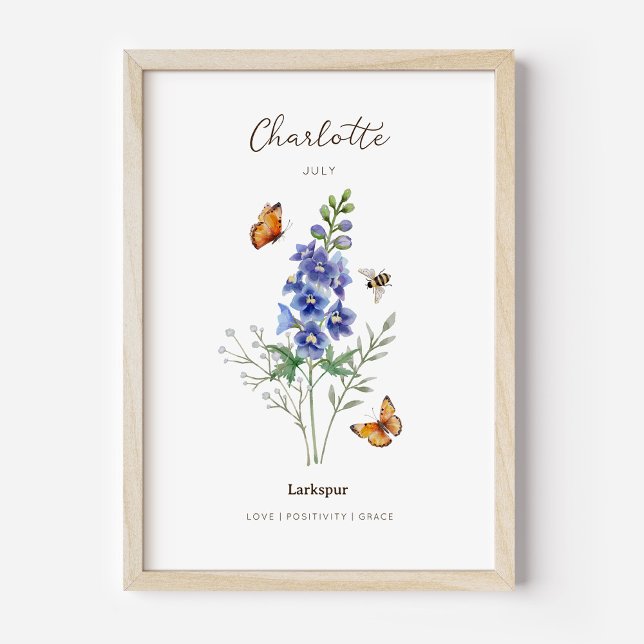 Rittersporn-Geburtsmonats-Blumenposter Poster (Example of larkspur birth flower poster once framed. )