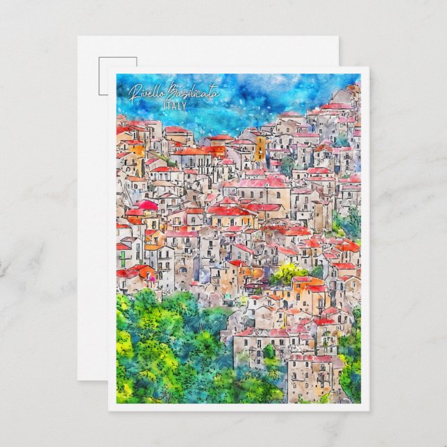 Rivello Basilicata Italien Reisen Aquarell Postkarte (Vorne/Hinten)