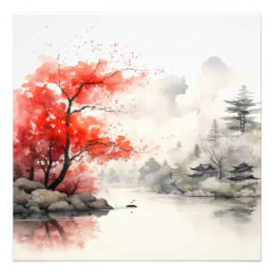 River Bank Tree Asian Ink Painting Fotodruck