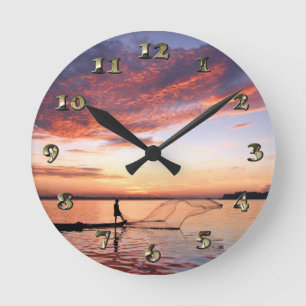 River Boat Fisherman Scene Runde Wanduhr