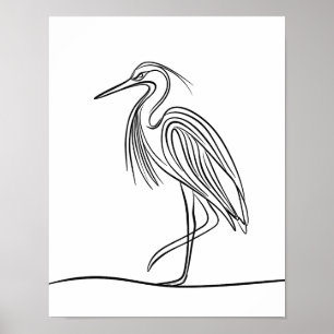 River Heron Line Art Poster Irish Wildlife