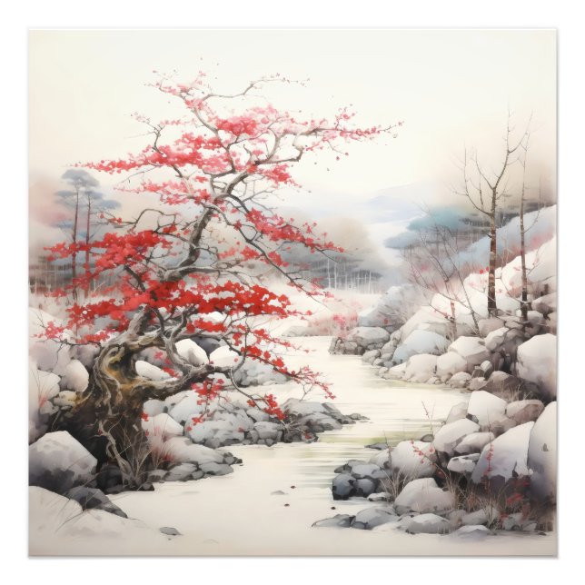 River Red Tree Ink Painting Fotodruck (Vorne)