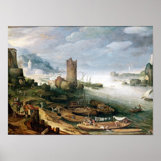 River Scene mit Ruinenturm Poster (Vorne)