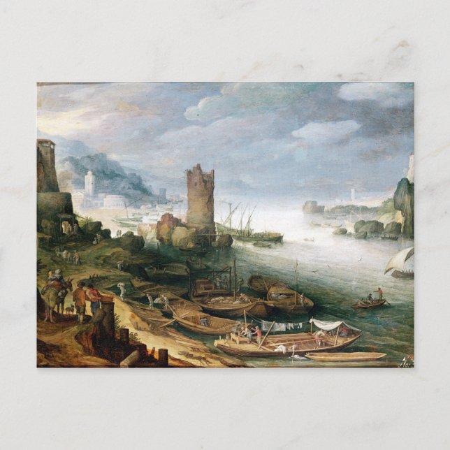 River Scene mit Ruinenturm Postkarte (Vorderseite)