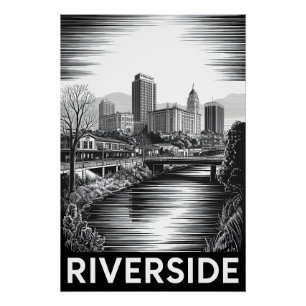 Riverside Kalifornien Schwarz Weiß Holzschnitt Poster