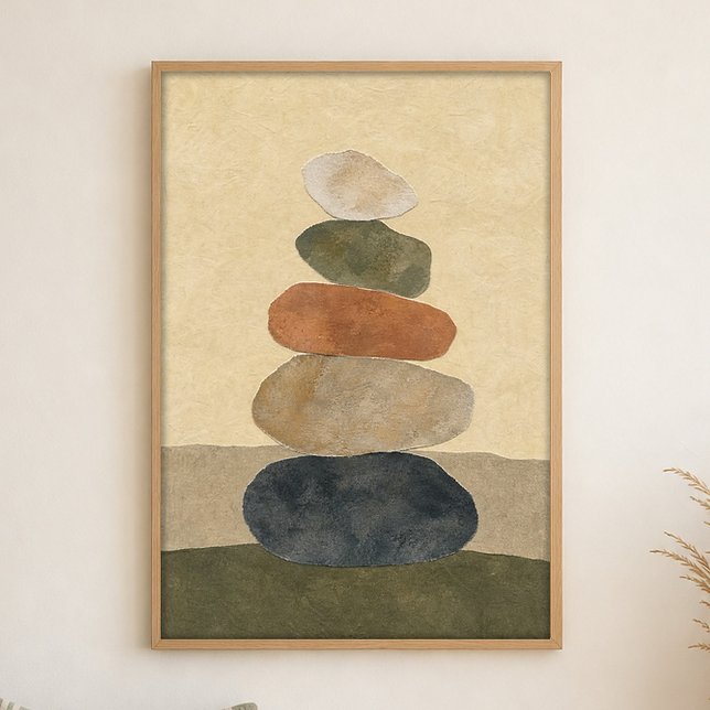 Riverstone Stack Gouache Boho Art Plakat (Shown framed for scale. Poster ships unframed; frames are an optional add-on.)