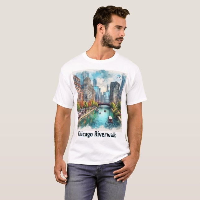 Riverwalk in Chicago Watercolor Reisen T - Shirt (Vorne ganz)