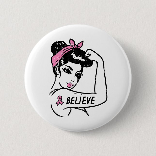 Riveter glaubt Pink Ribbon Brustkrebs Auswarenes Button (Vorderseite)