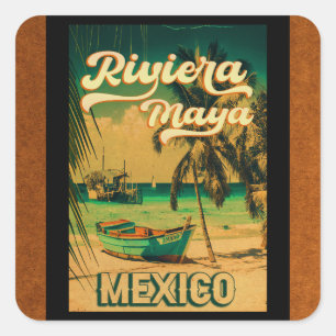 Riviera Maya Postcard Palm Tree Vintage Quadratischer Aufkleber