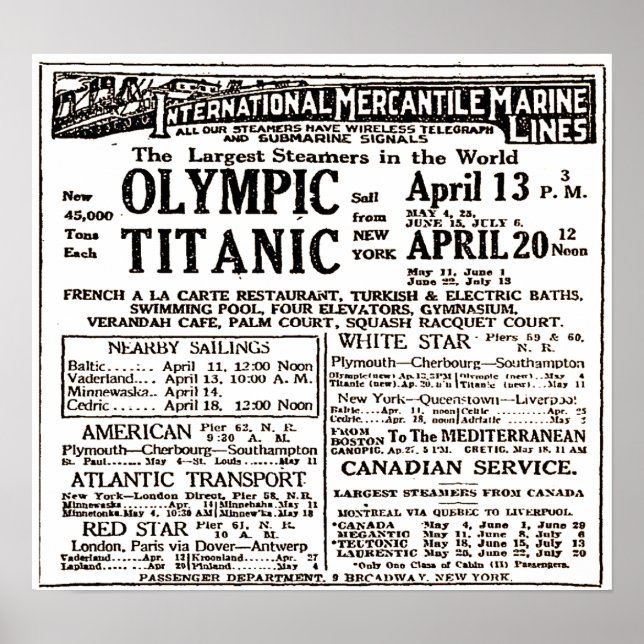 RMS Titanic Passenger Liner Newspaper Ad Poster (Vorne)