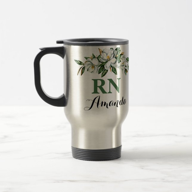 RN Floral Bouquet Greenery Magnolia Abschluss Tass Reisebecher (Links)