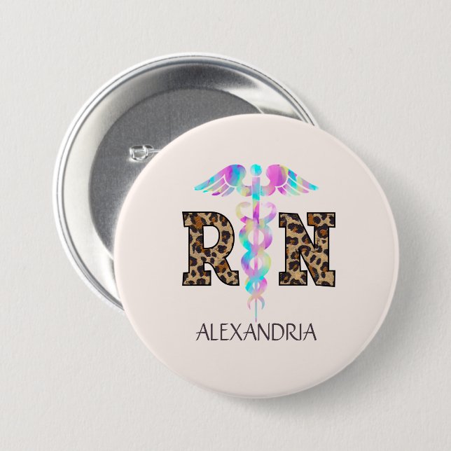 "RN" in Leopard-Printwerbung - farbiges medizinisc Button (Vorne & Hinten)