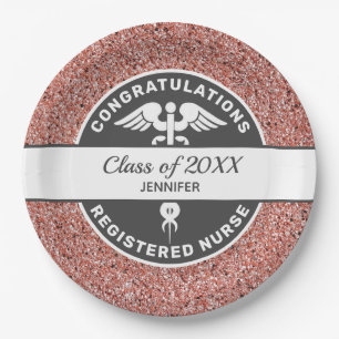 RN Nurse Abschluss Rose Gold Glitzer Personalisier Pappteller