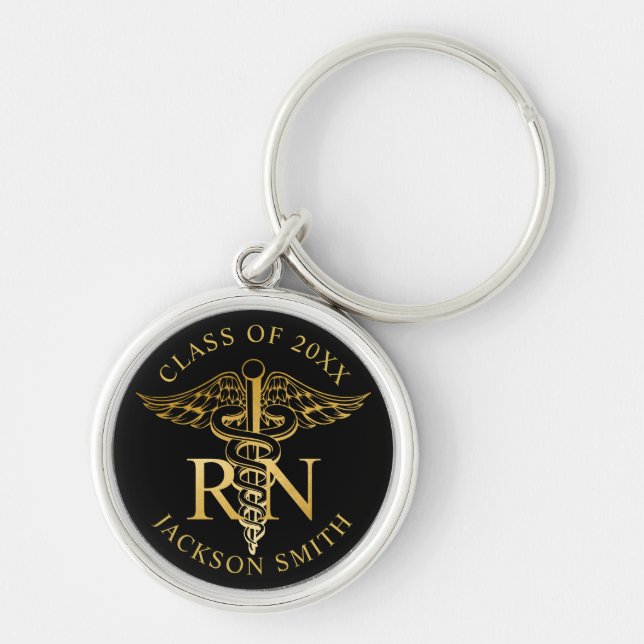 RN Nurse Imitats gold caduceus Black Personalisier Schlüsselanhänger (Vorne)