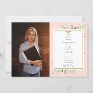 RN Nursing Abschluss Blush Pink Foliage Foto Inv. Einladung