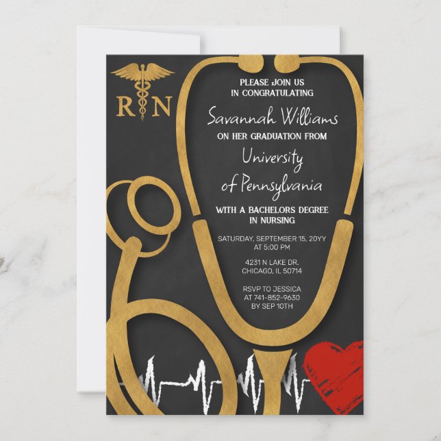 RN Nursing Abschluss Celebration Black and gold Einladung (Vorderseite)