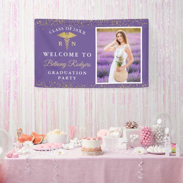 RN Nursing Abschluss Lila Gold Glitzer Foto Banner (Party)
