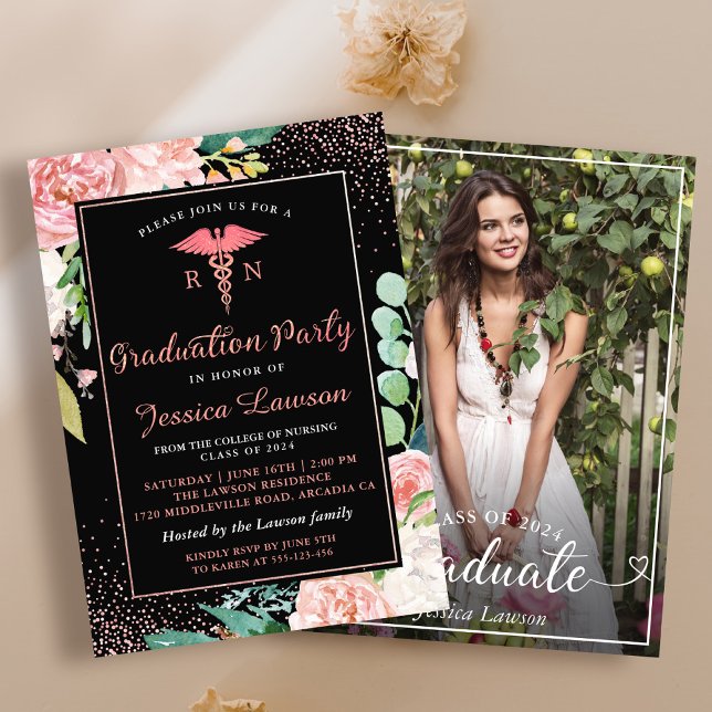 RN Nursing Graduation Party Rose Gold Floral Foto Einladung (Von Creator hochgeladen)