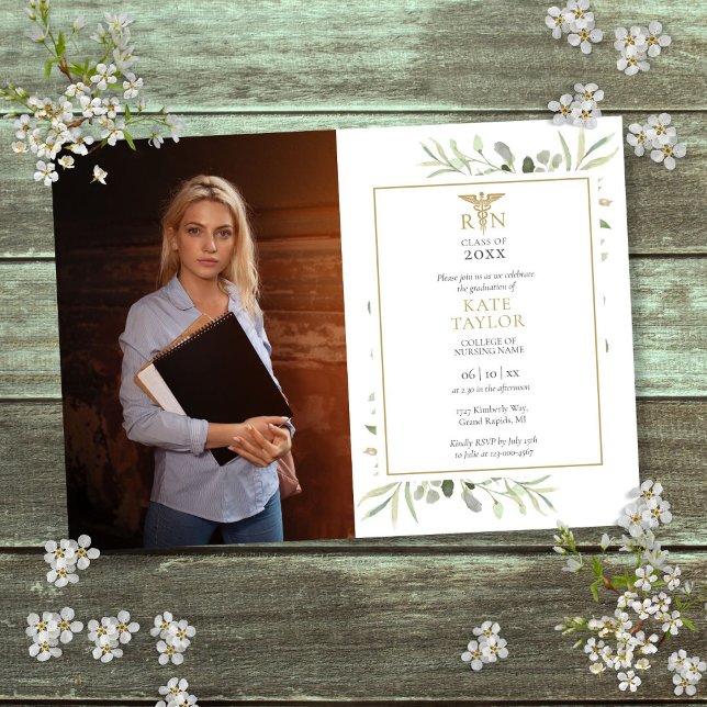 RN Nursing Graduation Watercolor Greenery Photo Einladung (RN Nursing Graduation Watercolor Greenery Photo Invitation)