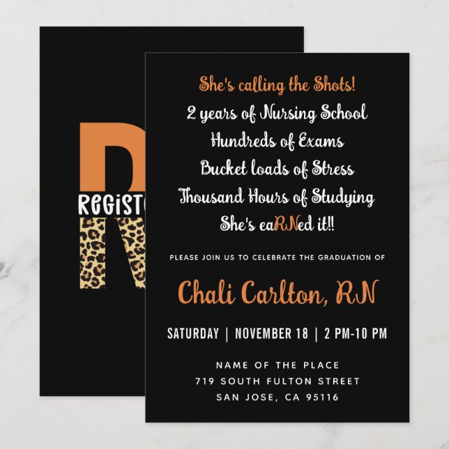 RN Registriert Nurse Leopard Typografy Abschluss Einladung (Vorne/Hinten)