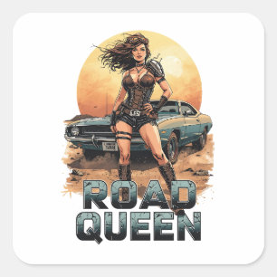 Road Queen – Postapokalyptische Pin-Up-Kriegerin Quadratischer Aufkleber