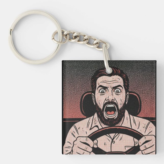 Road Rage Comic – Unkontrollierte Wut des Fahrers Schlüsselanhänger (Vorderseite)