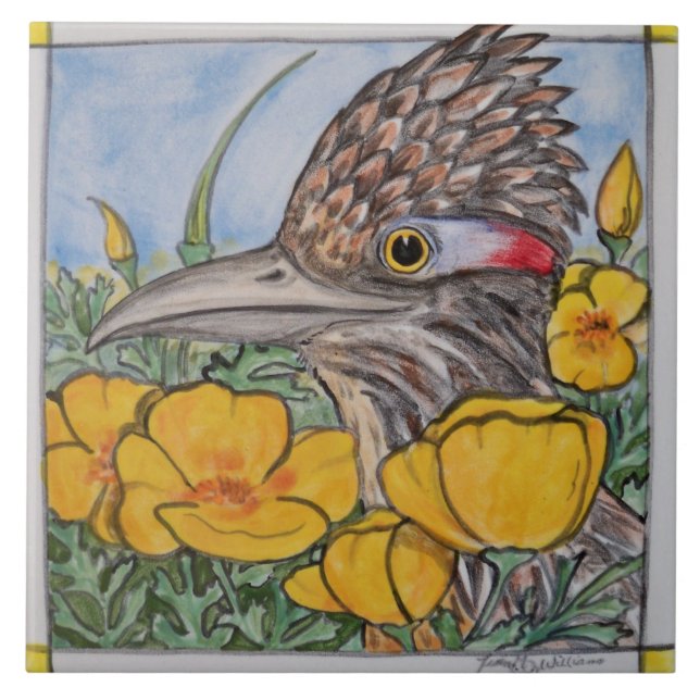 Roadrunner u. California Poppy Wildlife Yellow Art Fliese (Vorderseite)