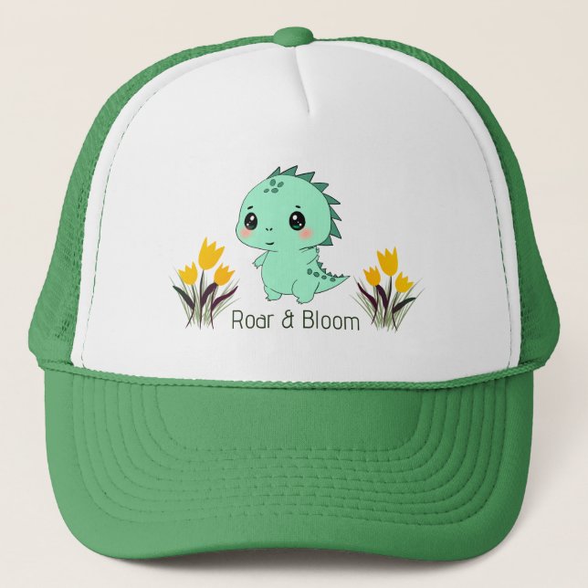 Roar & Bloom Süßer Grüner Dinosaurier Truckerkappe (Vorderseite)
