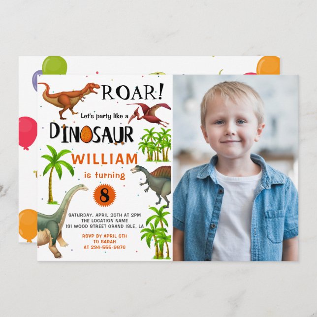 Roar Boys Dinosaur Birthday Jungle Party Foto Einladung (Vorne/Hinten)