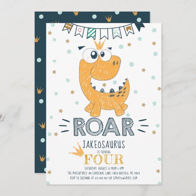 ROAR Dinosaur Birthday Einladung (Vorne/Hinten)