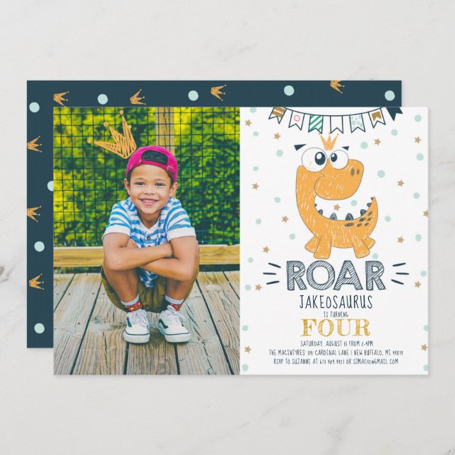 ROAR Dinosaur Birthday Foto Einladung (Vorne/Hinten)