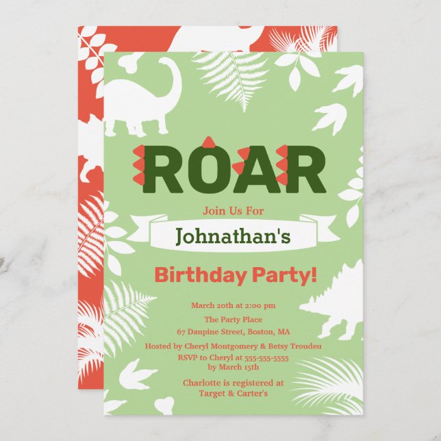 Roar Dinosaur & Jungle Foliage Geburtstag Einladung (Vorne/Hinten)