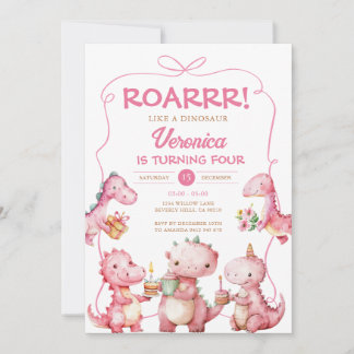 ROAR Girl T-Rex Dinosaur Pink Bow Geburtstagsparty Einladung
