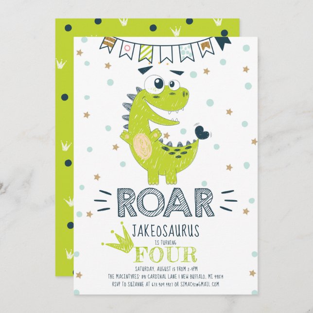 ROAR Green Dinosaur Geburtstag Einladung (Vorne/Hinten)