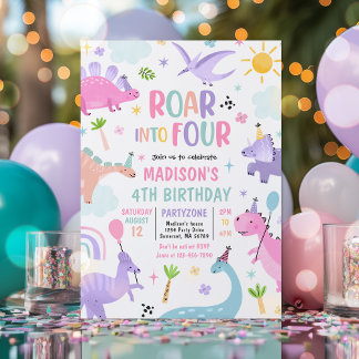 Roar in Four Pink Dinosaurier 4. Geburtstags-Party Einladung