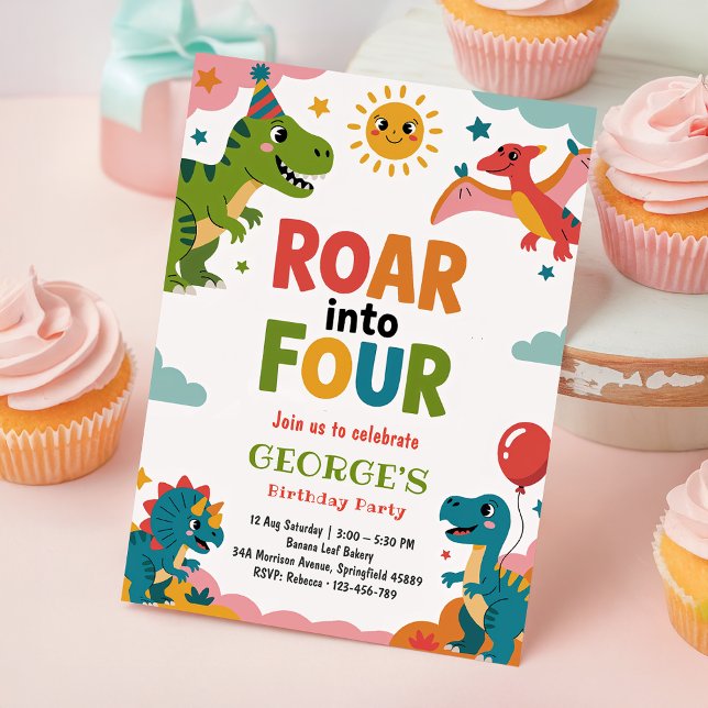Roar Into Four Cute Dinosaurs 4th Birthday Party Einladung (Von Creator hochgeladen)