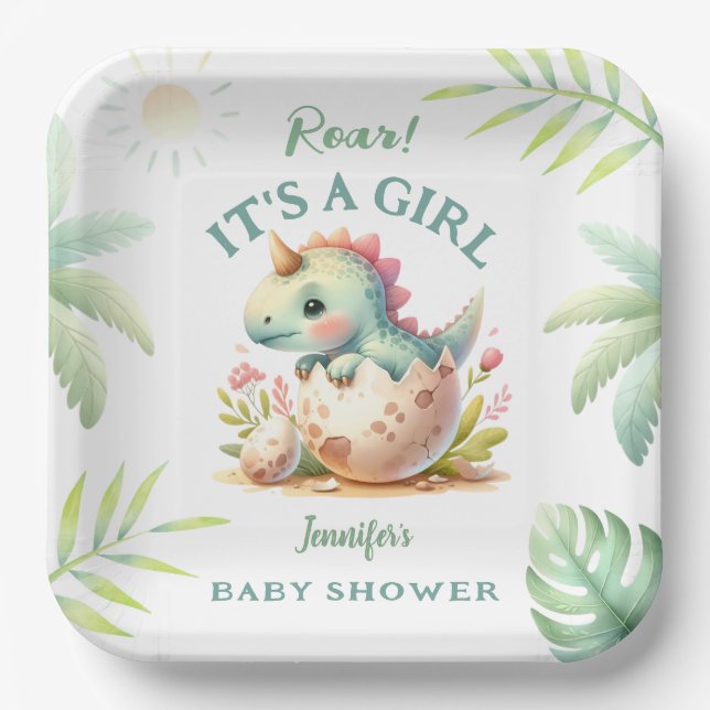 Roar It's a Girl Pink Dino Dinosaur Baby Shower Pappteller (Vorderseite)