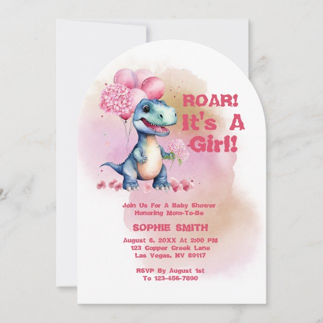 Roar It's a Girl T-Rex Baby Dinosaurier Pink Einladung (Vorderseite)