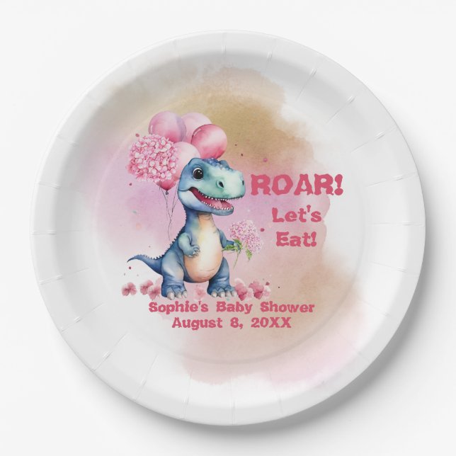 Roar It's a Girl T-Rex Baby Dinosaurier Pink Pappteller (Vorderseite)
