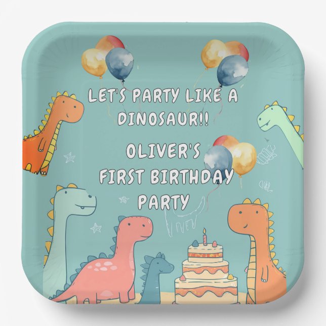 Roar Like a Dinosaur Boy 1st Birthday Party  Pappteller (Vorderseite)