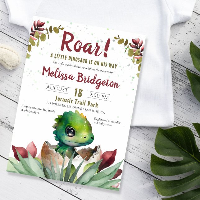 Roar Niedlich Dinosaur Baby Boy Aquarelldusche Einladung (a little dinosaur is on his way invite)