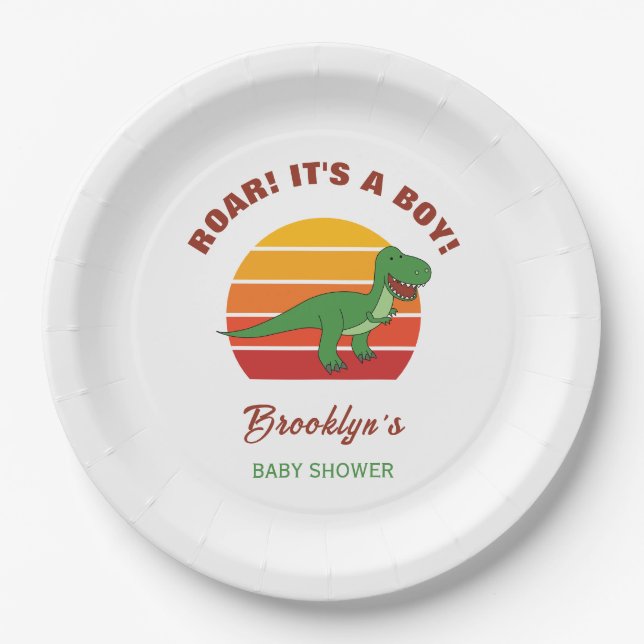 Roar seine a Boy Dinosaur Baby Dusche Retro Sonnen Pappteller (Vorderseite)