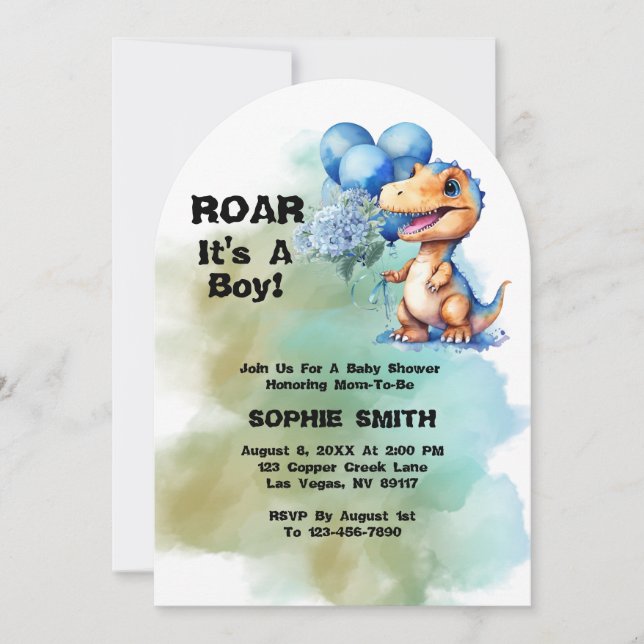 Roar seine a Boy T-Rex Dinosaur Baby Duscharm Arch Einladung (Vorderseite)