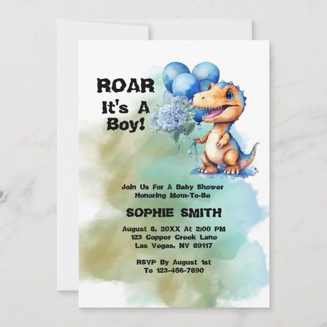 Roar seine a Boy T-Rex Dinosaur Baby Dusche Einladung (Vorderseite)