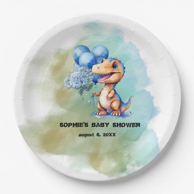 Roar seine a Boy T-Rex Dinosaur Baby Dusche Pappteller (Vorderseite)