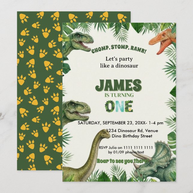 Roar-some Dinosaur 1st Birthday Invitation Einladung (Vorne/Hinten)