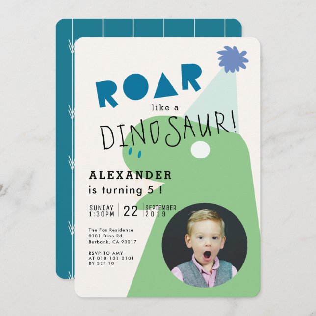 ROAR T-Rex Dinosaur Navy Blue Foto Boy's Birthday Einladung (Vorne/Hinten)