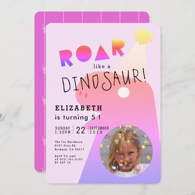 ROAR T-Rex Dinosaur Neon Pink Foto Girl Birthday Einladung (Vorne/Hinten)
