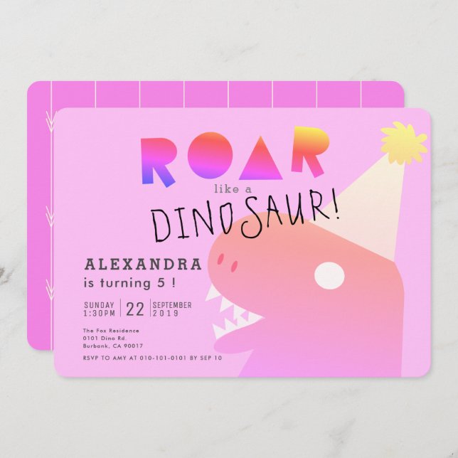 ROAR T-Rex Dinosaur Neon Pink Girl Birthday Einladung (Vorne/Hinten)