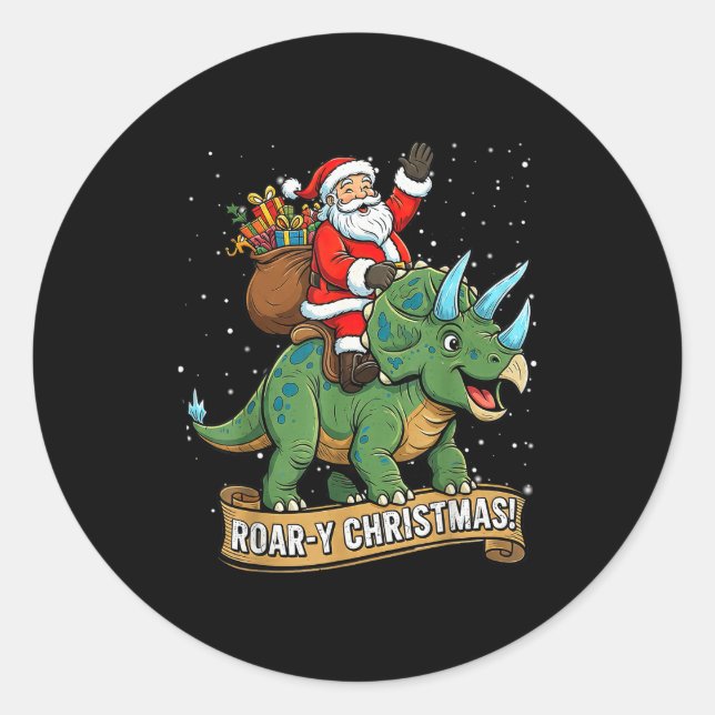 Roar-y Christmas Funny Santa Riding Dinosaur Trice Runder Aufkleber (Vorderseite)